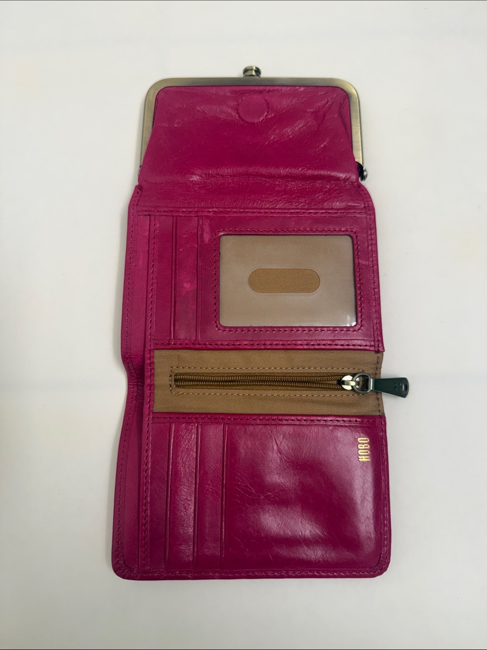 Women's Hobo Fuchsia Leather Trifold Wallet with Gold Trim